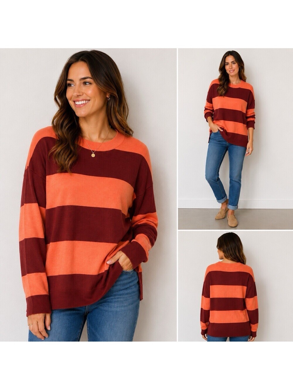 LOFT Orange Burgundy Striped Tunic Sweater XS Colorblock Lightweight Knit Preppy